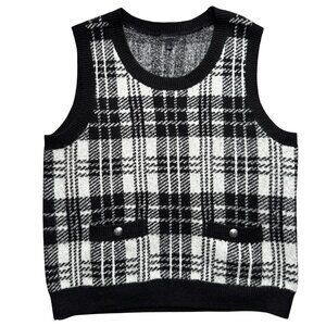 Talbots Womens Black & White Plaid Knit Sweater Vest With Button Accents Size L